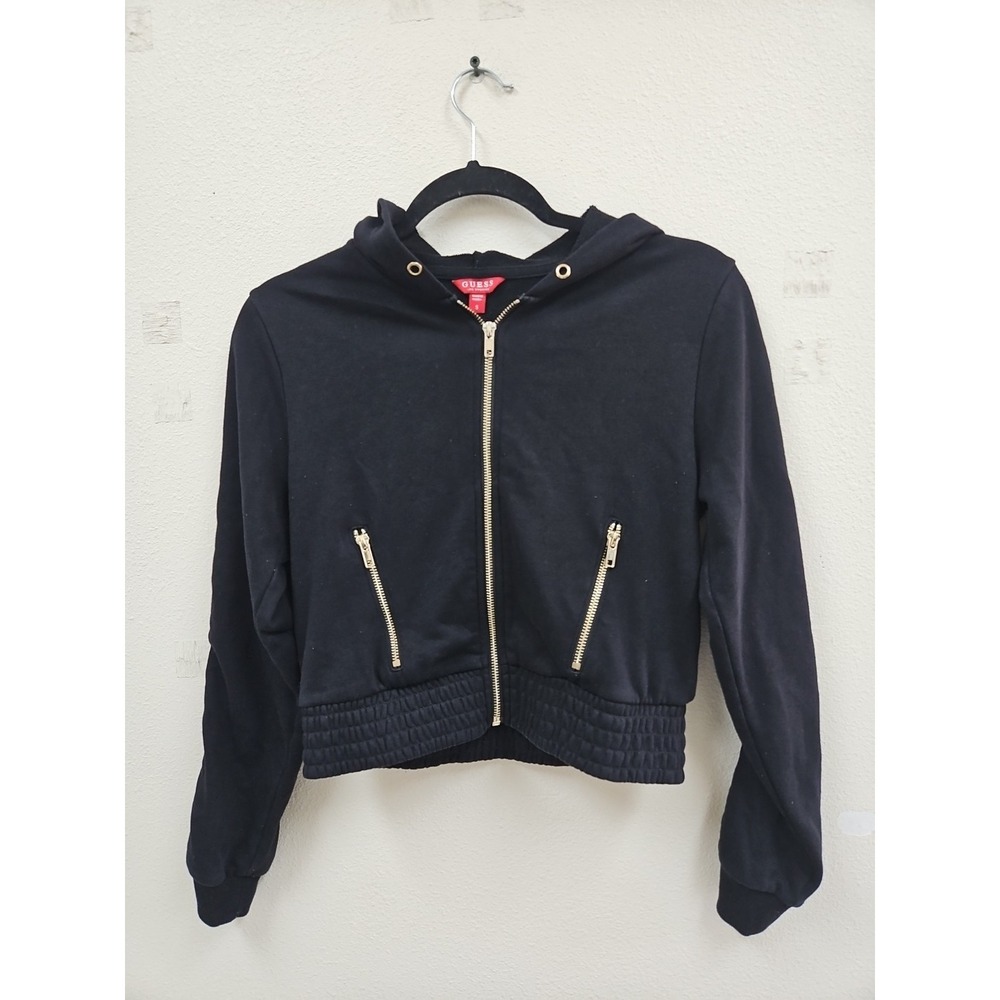 Guess Hoodie Womens Small Full Zip Cropped Logo Hooded Jacket Gold Zippers